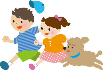 男の子と女の子　子犬　走る