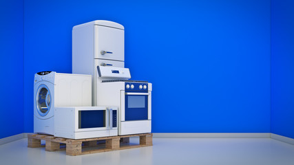 Home appliances. Set of household kitchen technics. Fridge, gas cooker, microwave oven and washing machine. 3d