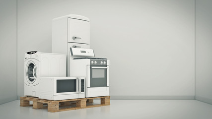 Home appliances. Set of household kitchen technics. Fridge, gas cooker, microwave oven and washing machine. 3d