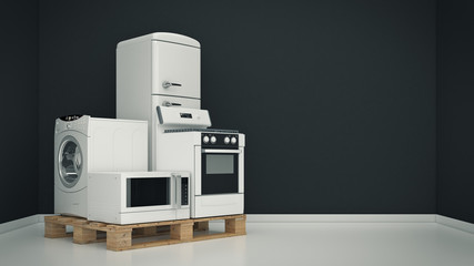 Home appliances. Set of household kitchen technics. Fridge, gas cooker, microwave oven and washing machine. 3d