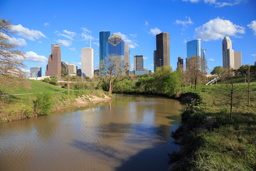 Houston Texas Skyline with modern skyscrapers and blue sky view