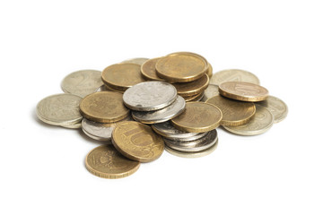 Big pile of coins isolated on white background. Russian rouble