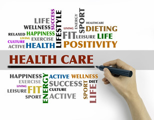 Hand with marker writing - HEALTH CARE word cloud, fitness, spor