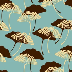 Stickers pour porte Style japonais un ensemble de ginkgo biloba de style japonais laisse des carreaux sans couture et leur motif isolé dans une palette de couleurs bleu et marron vintage