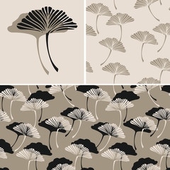 a set of japanese style ginkgo biloba leaves seamless tiles, and their isolated pattern in a vintage neutral color palette