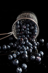 Blueberries spilled from steel cup strainer on black background from side vertical