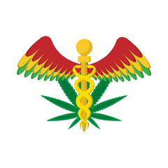 Caduceus with marijuana leaf symbol icon