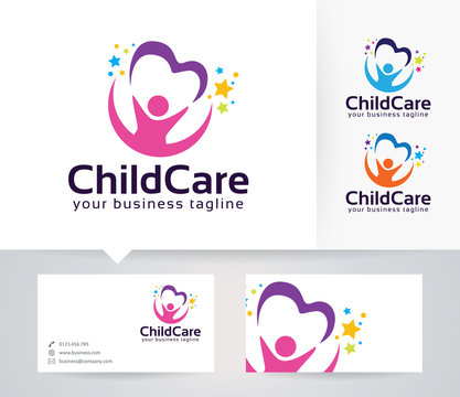 Childcare vector logo with alternative colors and business card template