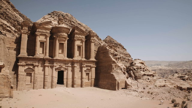 A wide shot of the Monastery building in Petra