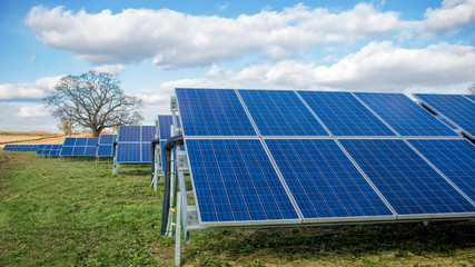 Solar Farm Park. Green Fields Blue Sky, Sustainable Renewable Energy.