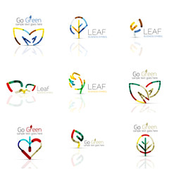 Fototapeta na wymiar Linear leaf abstract logo set, connected multicolored segments