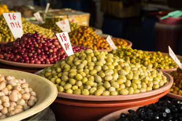 variety of olives for sale in the olive market of Casablanca