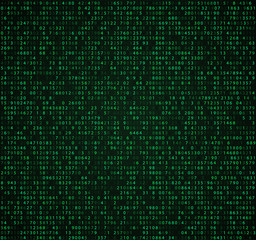 Green matrix background with digits. Computer code for encrypting and encoding, data code, falling numbers.