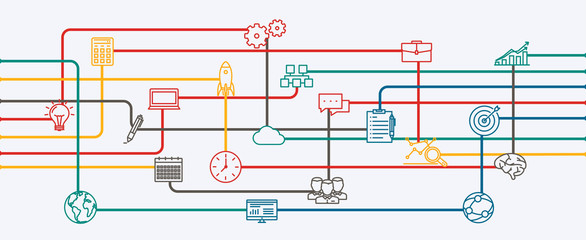 Network connections, planning and strategy of startup a business project. Information flow with icons in horizontal position.