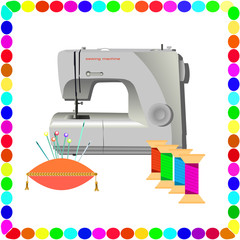 швейная машинка и нитки на белом фоне