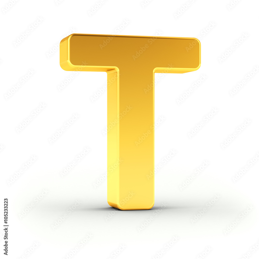 Poster the letter t as a polished golden object with clipping path