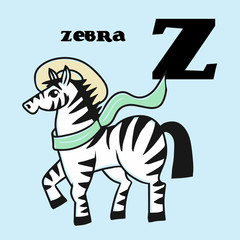 Cartoon doodle zebra with letter Z. Part of animal alphabet.