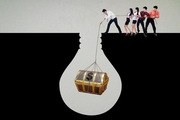 Group of people finding a treasure chest