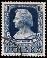 stamp printed by Poland shows portrait of Frederic Chopin