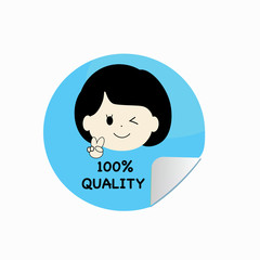 cartoon girl showing 100% quality guarantee message, vector icon