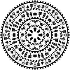 Round ornament with animals, vases, drums