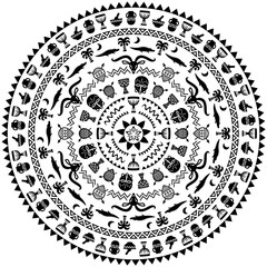 Round ornament with animals, vases, drums