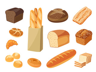Set of cartoon food: bread - rye bread, ciabatta, wheat bread, whole grain bread, bagel, sliced bread, french baguette, croissant and so. Vector illustration, isolated on white, eps 10.