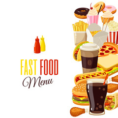 Background with cartoon food: hamburger, french fries, coffee, sandwich, popcorn, ice cream, pizza, taco. Vector illustration, isolated on transparent background, eps 10.