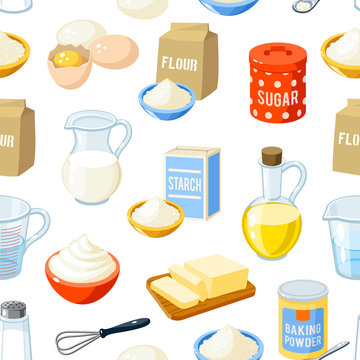 Seamless pattern with cartoon baking ingredients - flour, eggs, oil, water, butter, starch, salt, whipped cream, baking powder, milk, sugar. Vector illustration, isolated on white, eps 10.