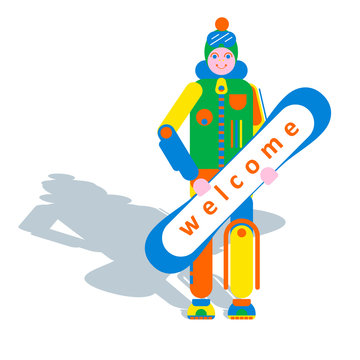 snowboarder in winter clothes holding hands and smiling snowboard