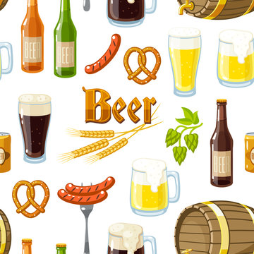 Seamless background pattern with cartoon beer stuff: light and dark beer, mugs, bottles, hop cones, barley, beer keg, pretzel and sausages. Vector illustration, isolated on white.