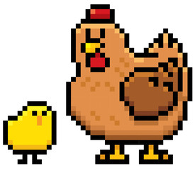 Vector illustration of cartoon Hen and chick - Pixel design