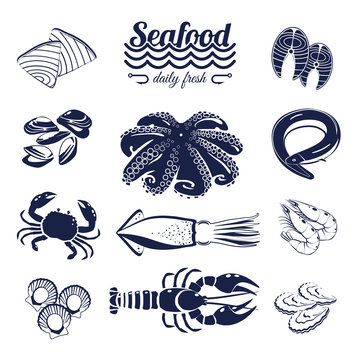 Set of monotone cartoon sea food elements - tuna, salmon, clams, crab, lobster and so forth. Vector illustration, isolated on transparent background, eps 10.