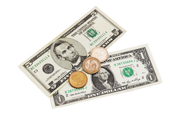 Two banknotes and three coins of American dollars