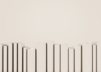 Obraz premium Close up white books arrange on shelf with copy space, 3d rendered