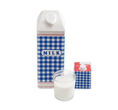 Milk carton, carton with cream and glass with milk