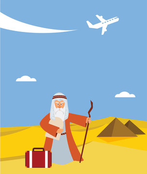 time for passover  vacation in Hebrew.  moses with torah and suitcase