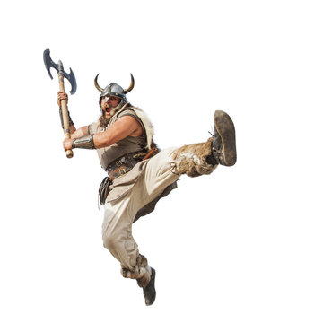 crazy strong viking with traditional costume  jumping to attacking. studio shot, isolated on white background. looking at camera with angry eyes. 
