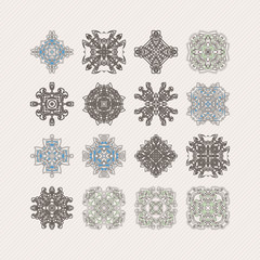 Set of ornate vector mandala symbols. Gothic lace tattoo. Celtic weave with sharp corners. 