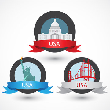 Set of USA famous monuments. Capitol, Golden Gate bridge and Statue of Liberty. Flat Vector illustration can be used in web design and travel concepts.