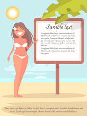 Pretty beach girl near the poster information. Vector illustration