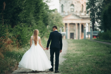 Fototapeta na wymiar Beautiful romantic wedding couple, groom and bride hugging near old castle on sunset