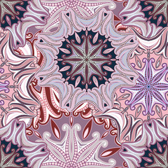 Seamless pattern of mandala. Hand-painted background with Oriental motifs. Suitable for printing on fabric or paper. Vector illustration. Easy to edit