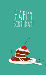 Happy birthday card. Funny birthday chocolate cake with cherries. Vector illustration. - 105244646