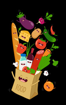 Supermarket shopping bag with fresh and natural  funny food and drink. Vector illustration.
