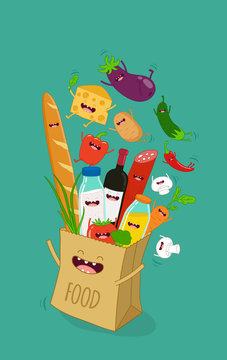 Supermarket shopping bag with fresh and natural  funny food and drink. Vector illustration.