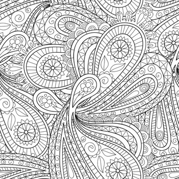 Doodle black and white abstract hand-drawn background. Paisley  seamless pattern.