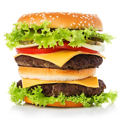 Big royal appetizing burger, hamburger, cheeseburger close-up isolated on a white background.