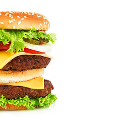 Big royal appetizing burger, hamburger, cheeseburger close-up isolated on a white background.
