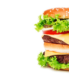 Big royal appetizing burger, hamburger, cheeseburger close-up isolated on a white background.